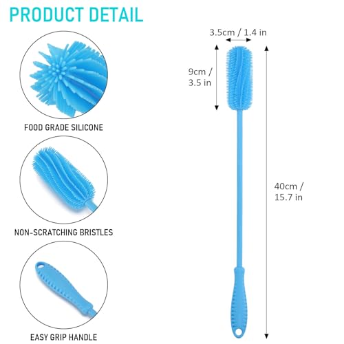 ddLUCK 15.7" Silicone Bottle Brush, ddLUCK Water Bottle Cleaner Brush for Stanley, Hydroflasks, Glass, Thermos Sports Bottle, Vase and Glassware, Bottle Brush Cleaner for Small Narrow Neck Containers (Blue) - Image 3