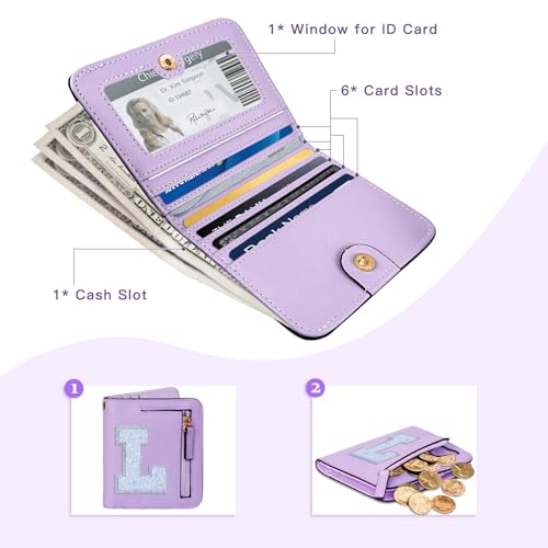 COSHAYSOO Small Wallet RFID Mini Bifold Travel Purse with Initial Letter Slim Thin Compact Pocket Minimalist Wallet Birthday Easter Gifts for Girls Friend Women Purple L - Image 4