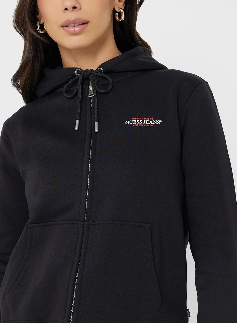 Guess Jeans Logo Detail Zip Through Hoodie