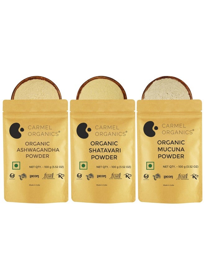 CARMEL ORGANICS Carmel Organics Combo of Ashwagandha, Shatavari and Mucuna Powder (100 Gram Each) | Jaivik Bharat Certified | Non-GMO | No Added Preservatives  - Image 1