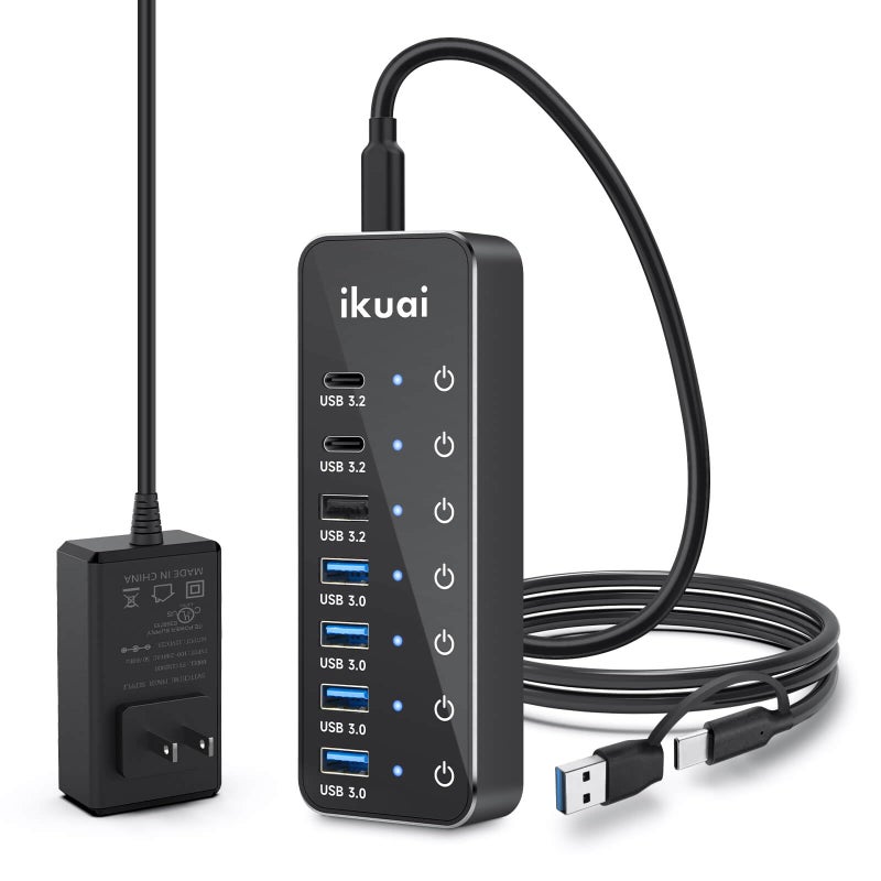 ikuai Powered USB Hub, ikuai 7-Port USB 3.2 / USB C Hub, with 3 10Gbps Data Ports (2 USB-C + 1 USB-A) and 4 USB A 3.0 Ports for PC Laptops - Image 1