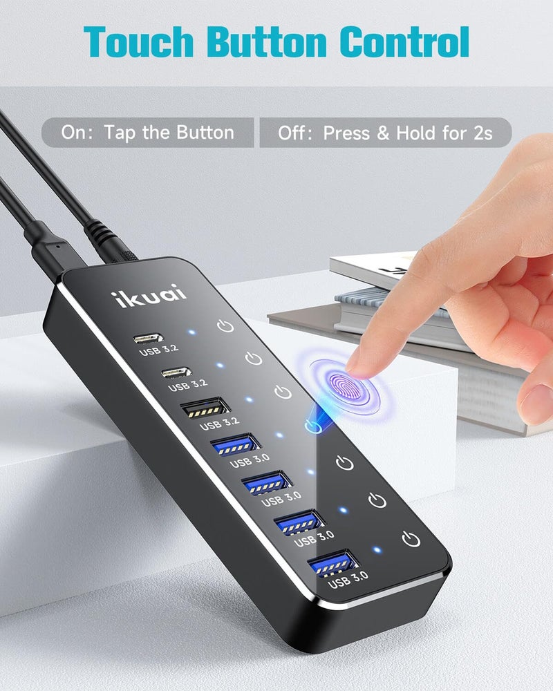 ikuai Powered USB Hub, ikuai 7-Port USB 3.2 / USB C Hub, with 3 10Gbps Data Ports (2 USB-C + 1 USB-A) and 4 USB A 3.0 Ports for PC Laptops - Image 5