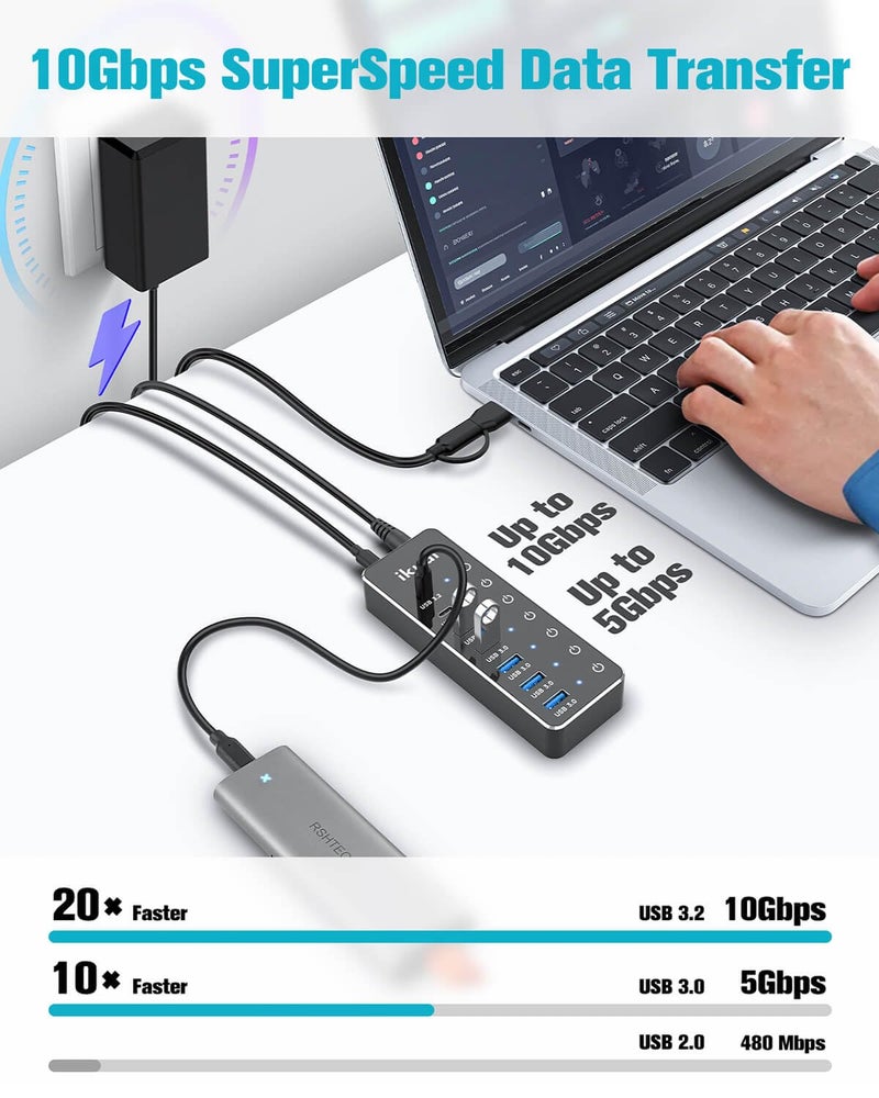 ikuai Powered USB Hub, ikuai 7-Port USB 3.2 / USB C Hub, with 3 10Gbps Data Ports (2 USB-C + 1 USB-A) and 4 USB A 3.0 Ports for PC Laptops - Image 3