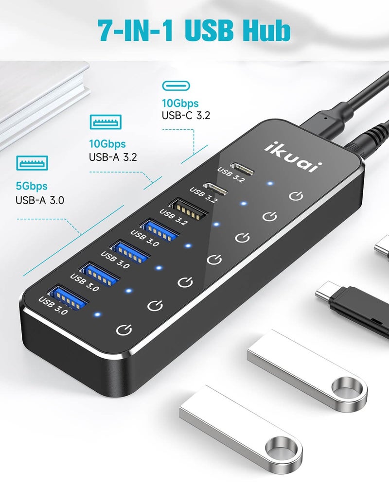 ikuai Powered USB Hub, ikuai 7-Port USB 3.2 / USB C Hub, with 3 10Gbps Data Ports (2 USB-C + 1 USB-A) and 4 USB A 3.0 Ports for PC Laptops - Image 2