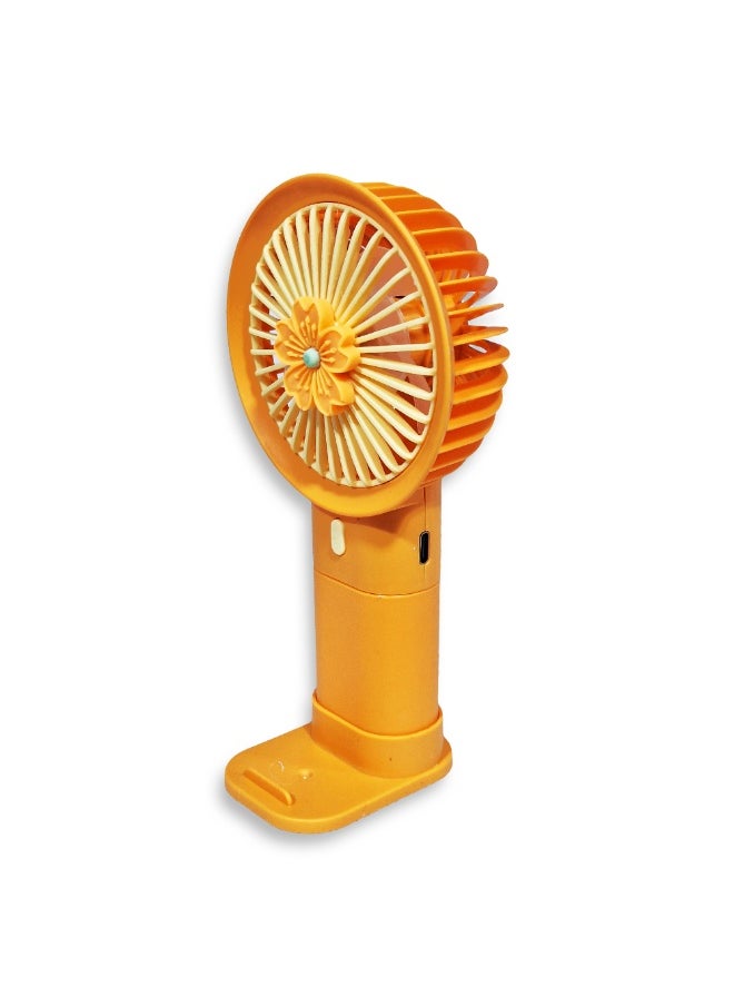 Mini handheld fan Q374F , cute design with bright and orange color, small size and easy to carry by hand or put in bag, equipped with USB rechargeable battery, on/off button 3 speeds with LED light, nice summer and birthday gift for kids and adults, high quality and easy to use