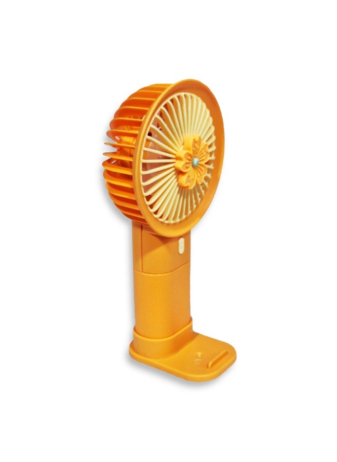 Mini handheld fan Q374F , cute design with bright and orange color, small size and easy to carry by hand or put in bag, equipped with USB rechargeable battery, on/off button 3 speeds with LED light, nice summer and birthday gift for kids and adults, high quality and easy to use