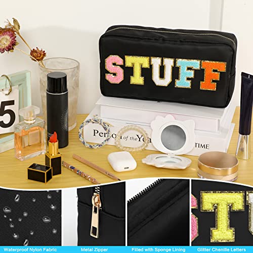 DYSHAYEN Nylon Cosmetic Bag Preppy Makeup Stuff Bag for Women Travel Toiletry Organizer with Chenille Letter Patches (Black-STUFF) - Image 3