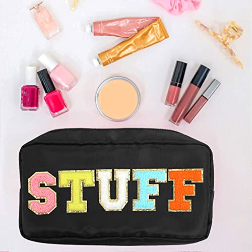 DYSHAYEN Nylon Cosmetic Bag Preppy Makeup Stuff Bag for Women Travel Toiletry Organizer with Chenille Letter Patches (Black-STUFF) - Image 2