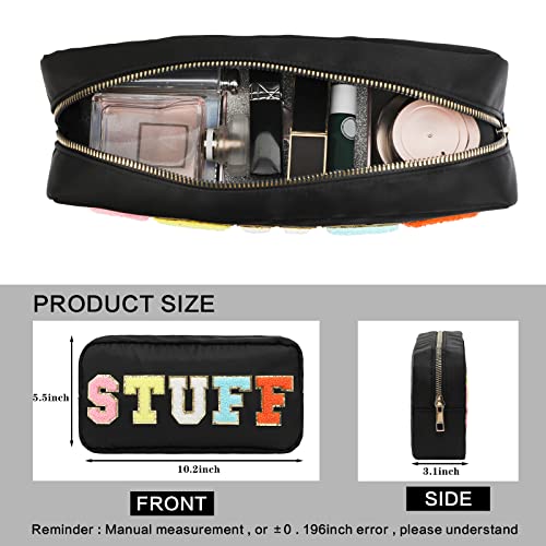 DYSHAYEN Nylon Cosmetic Bag Preppy Makeup Stuff Bag for Women Travel Toiletry Organizer with Chenille Letter Patches (Black-STUFF) - Image 4