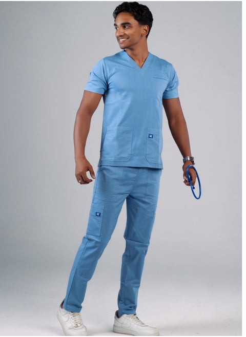 Scrub Comfortable Sky blue Lycra fabric with many pockets is meticulously crafted to retain its color without fading with repeated washing