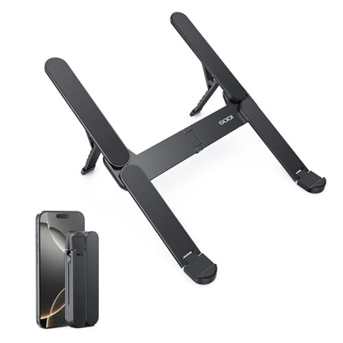 SODI Ultra Compact Foldable Laptop Stand - Portable Laptop Holder for Desk & Travel Use, Ergonomic Aluminum Computer Holder with Adjustable Height for MacBook, Tablet 10-16" (Dark Black, Bi-Fold) - Image 1
