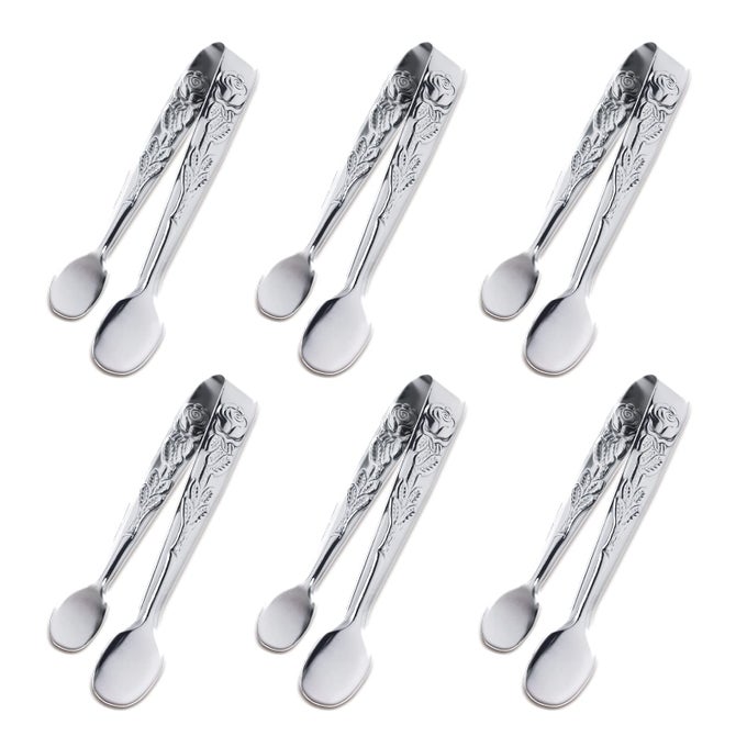 6PCS MINI SERVING TONGS 4INCH ROSE STAINLESS STEEL SUGAR CUBE TONGS SLIVER SMALL ICE TONG FOR TEA AND COFFEE PARTY APPETIZERS DESSERTS BY 6PCS SILVER