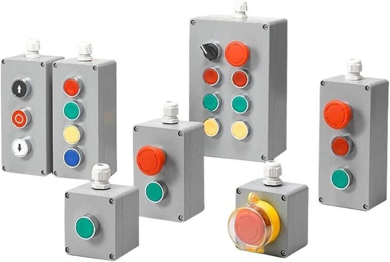 صندوق تحكم زر معدني مصنوع من الألومنيوم المسبوك، مقاوم للماء، مضاد للرش، زر توقف طوارئ، تشغيل، إعادة ضبط، كهربائي، 3 فتحات، 01 - Image 1