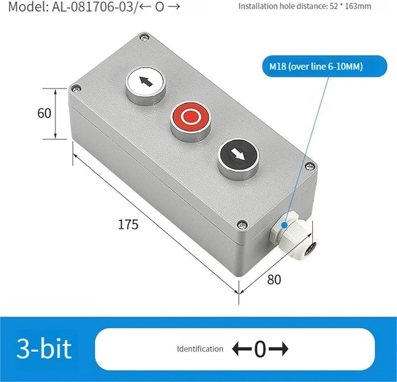 صندوق تحكم زر معدني مصنوع من الألومنيوم المسبوك، مقاوم للماء، مضاد للرش، زر توقف طوارئ، تشغيل، إعادة ضبط، كهربائي، 3 فتحات، 01 - Image 3