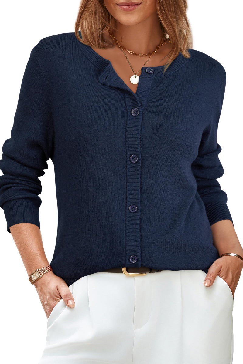 Arach&Cloz Womens Cardigan Sweaters 2026 Soft Layering Essential Knit Long Sleeve Crew Neck Button Down Lightweight Top Fashion Outfits Summer Spring Business Casual Work Navy L - Image 1