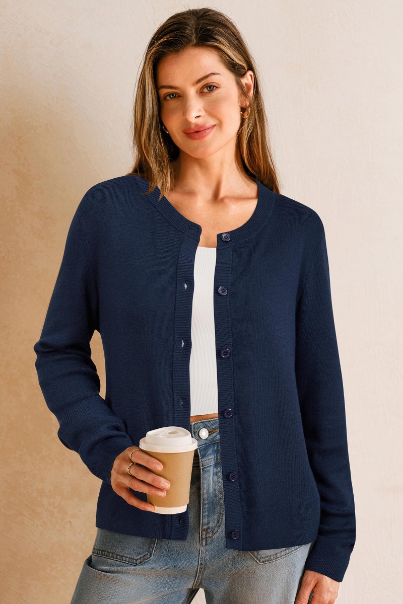 Arach&Cloz Womens Cardigan Sweaters 2026 Soft Layering Essential Knit Long Sleeve Crew Neck Button Down Lightweight Top Fashion Outfits Summer Spring Business Casual Work Navy L - Image 2