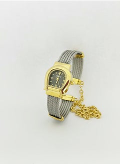 Silver and gold bracelet with black dial