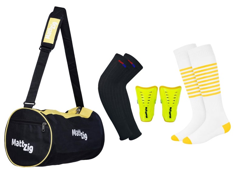 MATTZIG حقيبة نادي كرة القدم ® (زوج واحد من الجوارب المخططة من لايكرا + زوج واحد من واقيات الساق + زوج واحد من أكمام الذراع القطنية + حقيبة معدات واحدة) (نيترو أبيض) - Image 1