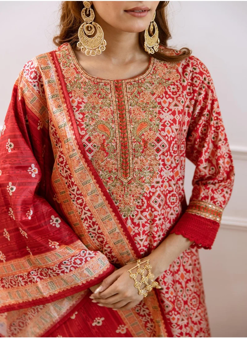 آي شين Straight Fit Printed Pattern Round Neck Three-Quarter Sleeves RED Colour Woven Cotton Kurta Set for Women with Semi Elastic Closure - Unmatched Grace and Comfort
