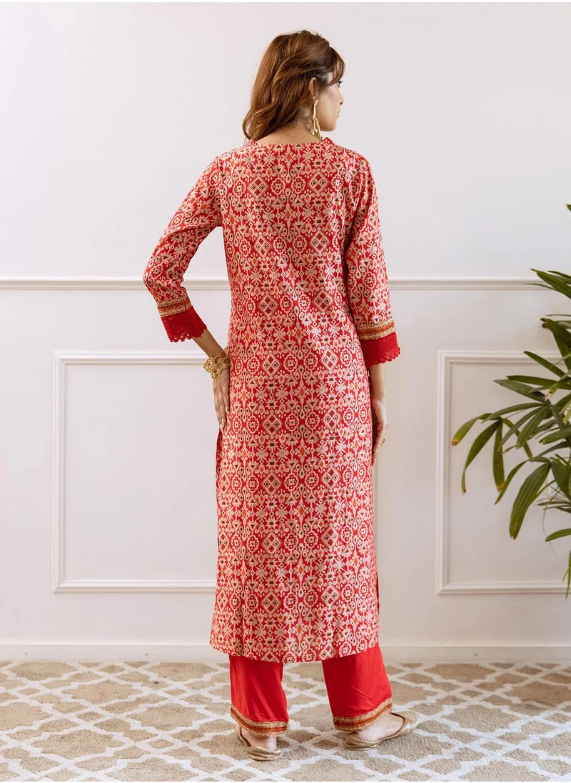 آي شين Straight Fit Printed Pattern Round Neck Three-Quarter Sleeves RED Colour Woven Cotton Kurta Set for Women with Semi Elastic Closure - Unmatched Grace and Comfort