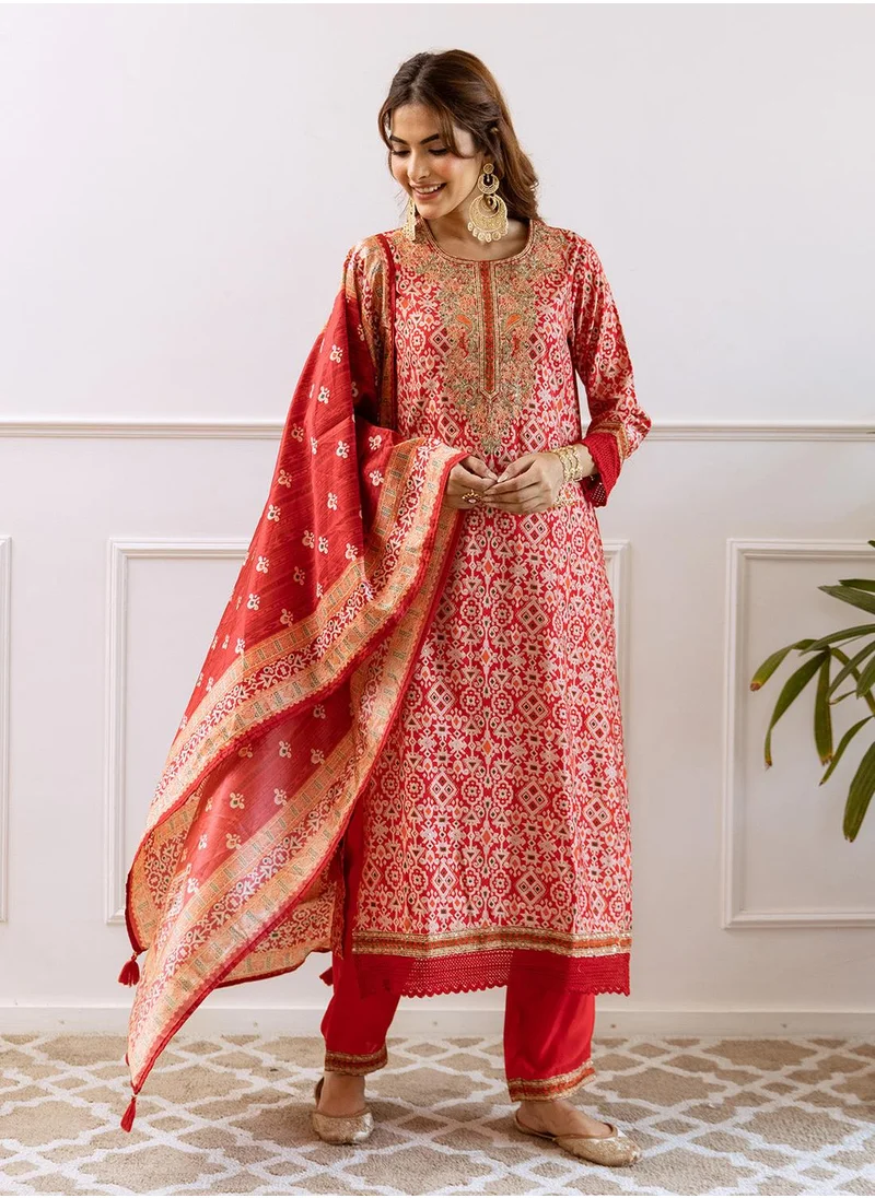 ISHIN Straight Fit Printed Pattern Round Neck Three-Quarter Sleeves RED Colour Woven Cotton Kurta Set for Women with Semi Elastic Closure - Unmatched Grace and Comfort