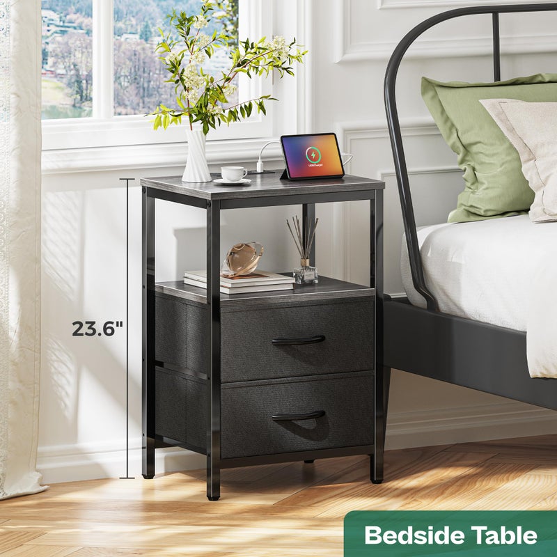 Huuger Nightstand with Charging Station, Side Table with Fabric Drawers, End Table with Open Shelf, Bedside Table with USB Ports and Outlets, Night Stand for Bedroom, Charcoal Gray - Image 2