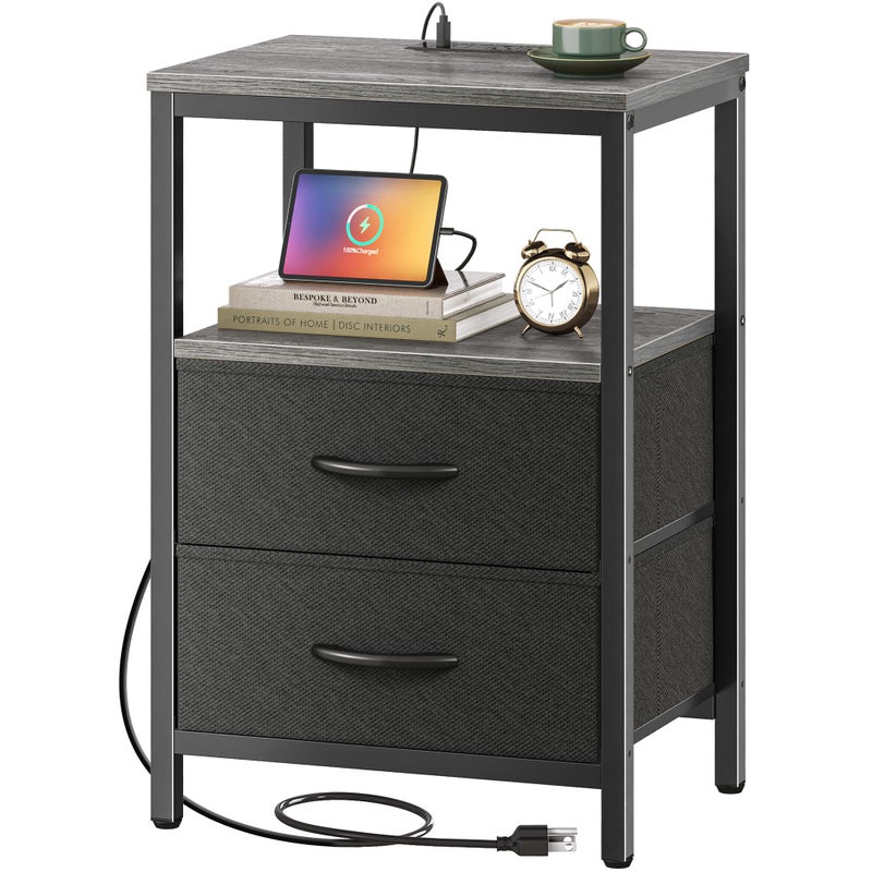 Huuger Nightstand with Charging Station, Side Table with Fabric Drawers, End Table with Open Shelf, Bedside Table with USB Ports and Outlets, Night Stand for Bedroom, Charcoal Gray - Image 1