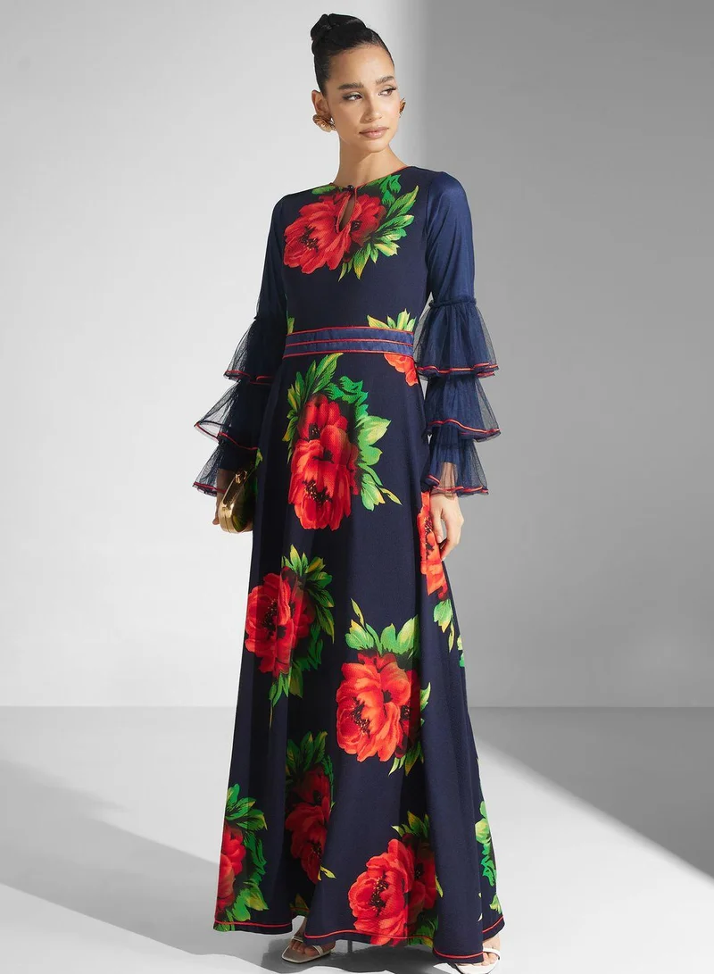 Golden Apple Floral Ruffle Sleeve Dress