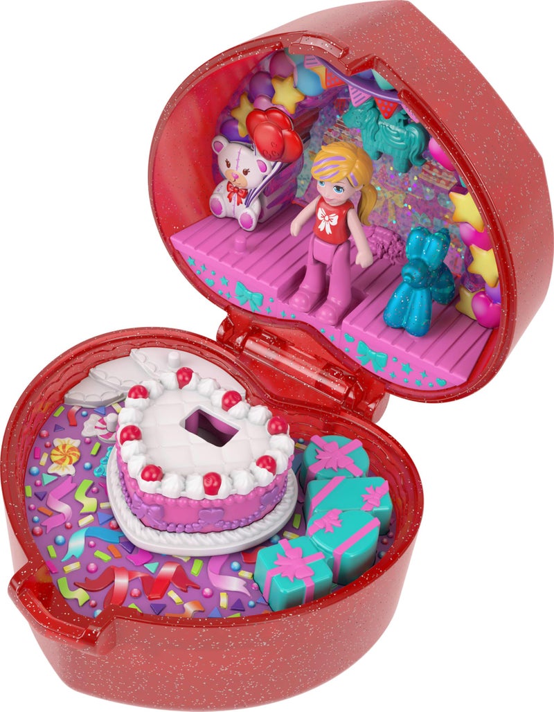 Polly Pocket Mattel 80th Anniversary Compact Playset, Jewelry Box with Doll, Balloon Pet, and Wearable Ring, Ring Box with Celebration Theme - Image 1