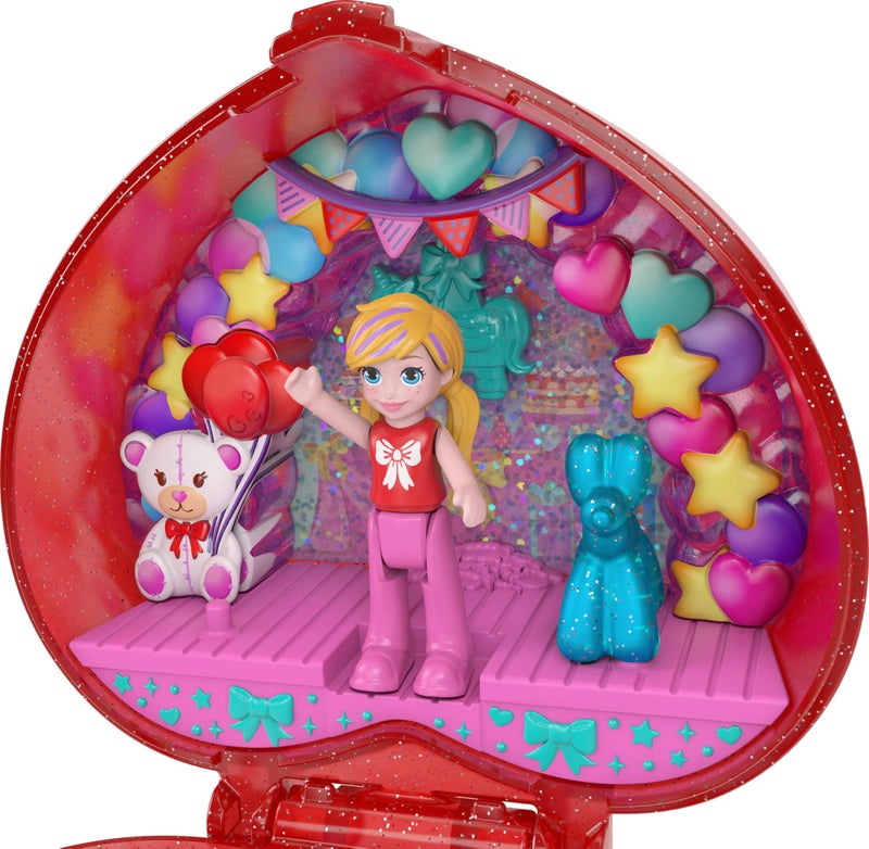 Polly Pocket Mattel 80th Anniversary Compact Playset, Jewelry Box with Doll, Balloon Pet, and Wearable Ring, Ring Box with Celebration Theme - Image 2