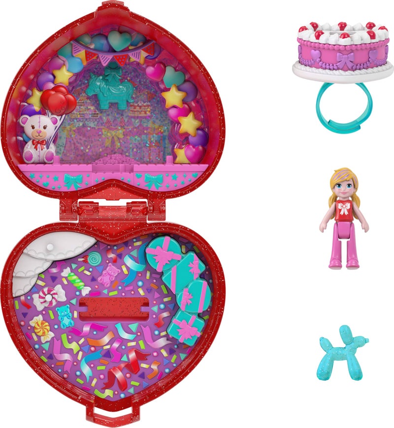 Polly Pocket Mattel 80th Anniversary Compact Playset, Jewelry Box with Doll, Balloon Pet, and Wearable Ring, Ring Box with Celebration Theme - Image 5