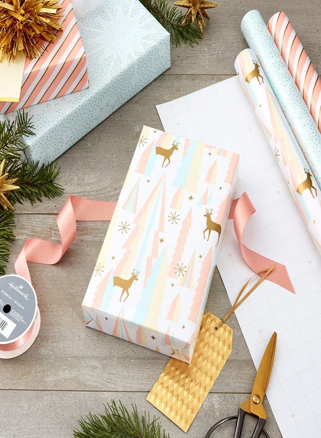Hallmark Pink Christmas Wrapping Paper with Cut Lines on Reverse (3 Rolls: 120 sq. ft. ttl) Pink, Mint, Gold, Reindeer, Christmas Trees, Snowflakes - Image 2