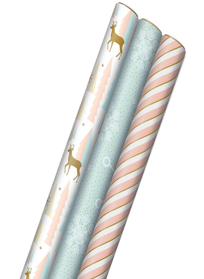 Hallmark Pink Christmas Wrapping Paper with Cut Lines on Reverse (3 Rolls: 120 sq. ft. ttl) Pink, Mint, Gold, Reindeer, Christmas Trees, Snowflakes - Image 1