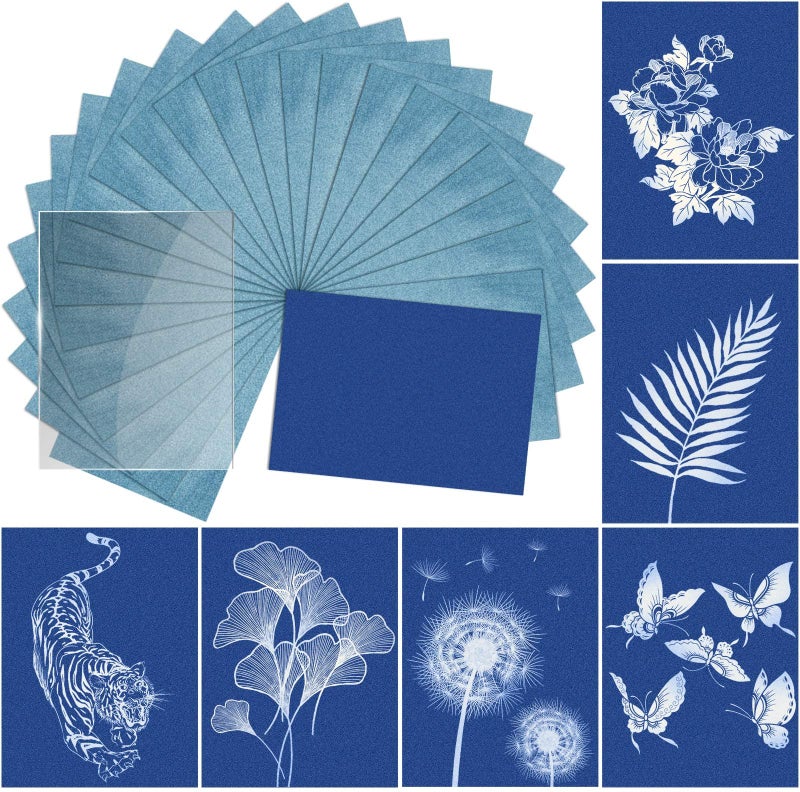 Sun Print Paper Kit Cyanotype Paper 24 Sheets Cyanotype Papers with 1 Sheet Acrylic Panel High Sensitive Nature SunSolar Activated Sun Printing Art Paper for Arts Crafts DIY Project