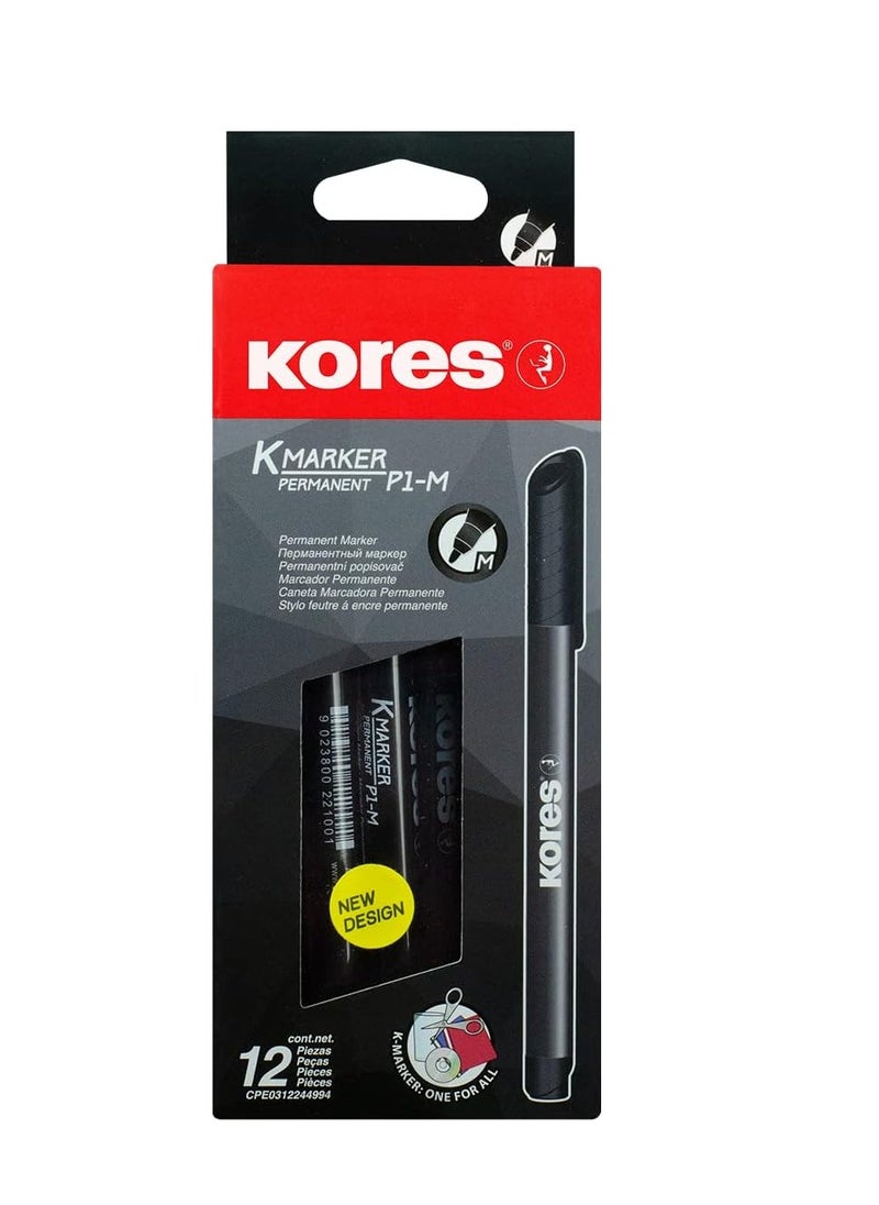 Kores Permanent Marker Fine Fibre Tip, Black Color, Pack of 12  - Image 1