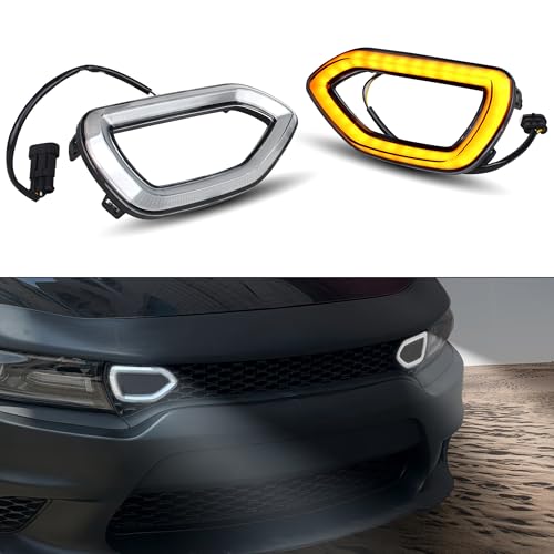 أضواء شبكة أمامية LED من كاكاباس بتقنية الأمبر، مصابيح تشغيل نهارية متوافقة مع دودج تشارجر SRT سكات باك 2015-2019، دودج تشارجر دايتونا SXT RT 2017-2019، ضوء DRL أبيض وإشارة انعطاف صفراء