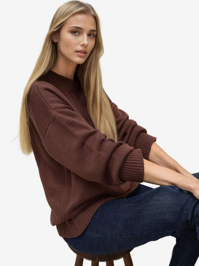 HICCUP Thick Knit Crew Neck Long Sweater