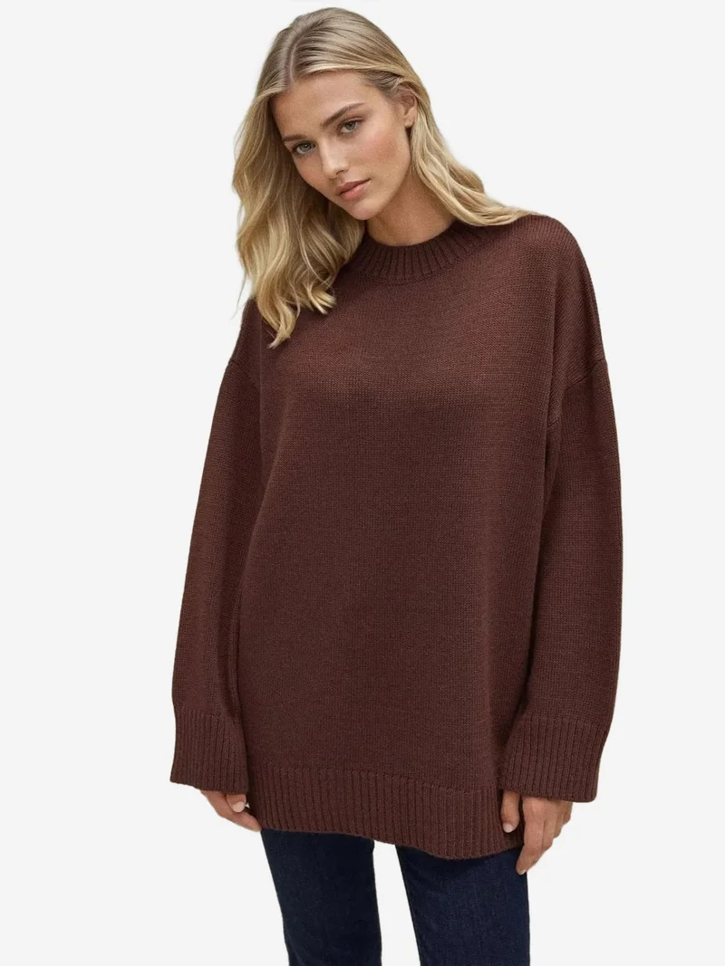 HICCUP Thick Knit Crew Neck Long Sweater