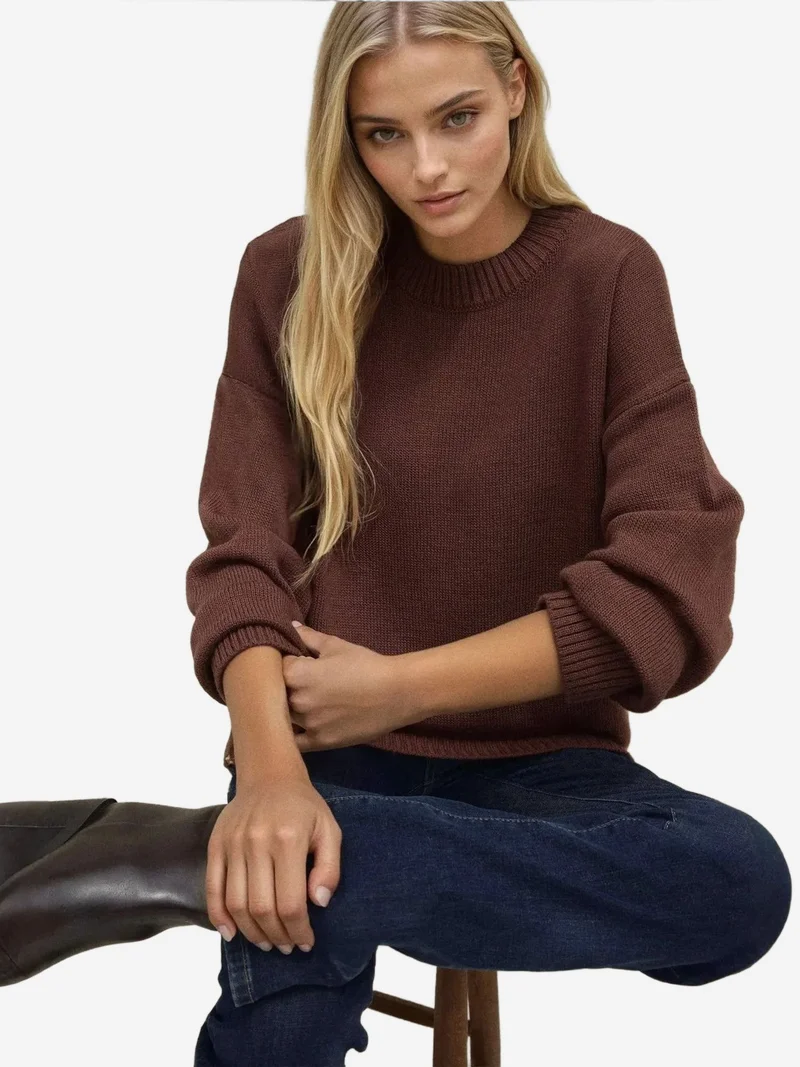 HICCUP Thick Knit Crew Neck Long Sweater