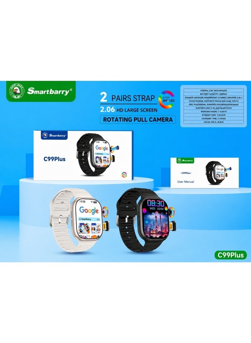Smartberry C99 Plus 2.06 Inch AMOLED HD Smart Watch with Rotating HD Camera, GPS, Fitness Tracker, Dual Straps, Black - Image 4