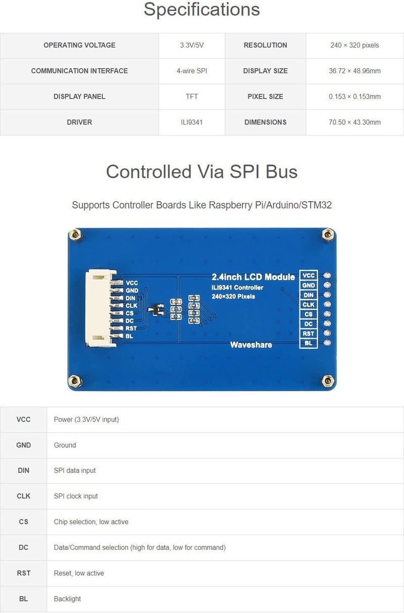 Waveshare 2.4inch LCD Display Module with 65K RGB Colors 240×320 Resolution SPI Interface - Image 3