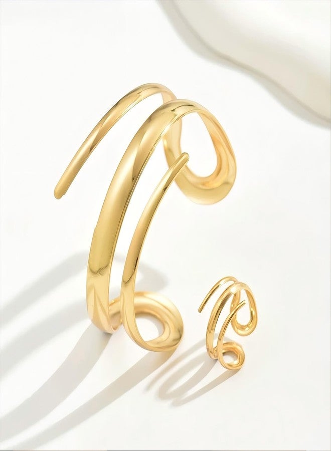 MIFYNN Chunky Gold Bangle Bracelets for Women Trendy Wide Cuff Bangles Bracelet and Ring set Open Non Tarnish Rings Stack Wrap Bracelet Dainty Snake Jewelry set for Mother's Day Wedding Birthdays (Gold) - Image 4