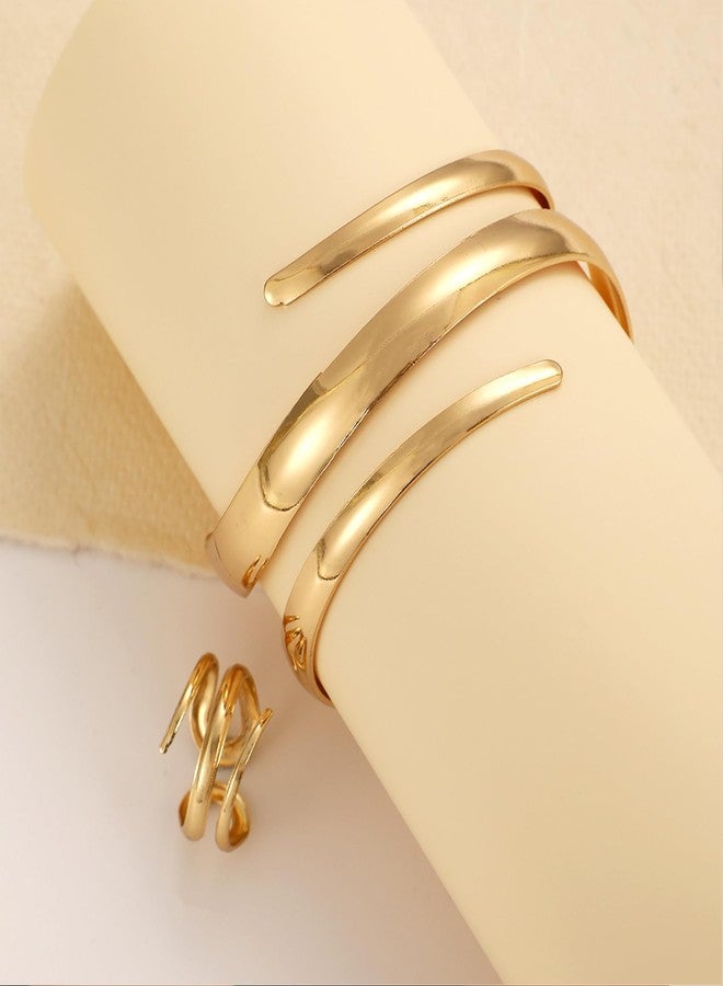 MIFYNN Chunky Gold Bangle Bracelets for Women Trendy Wide Cuff Bangles Bracelet and Ring set Open Non Tarnish Rings Stack Wrap Bracelet Dainty Snake Jewelry set for Mother's Day Wedding Birthdays (Gold) - Image 5