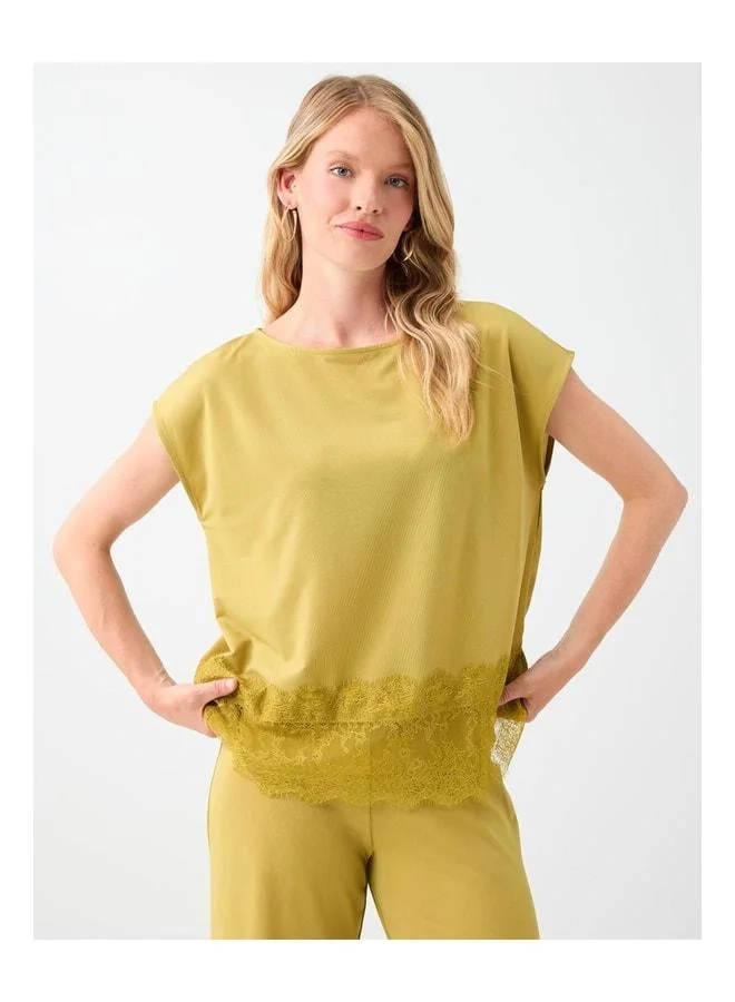 Jimmy Key Olive Green Lace-Detail Knitted Blouse.