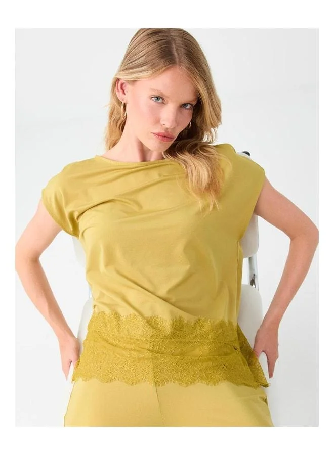 Jimmy Key Olive Green Lace-Detail Knitted Blouse.