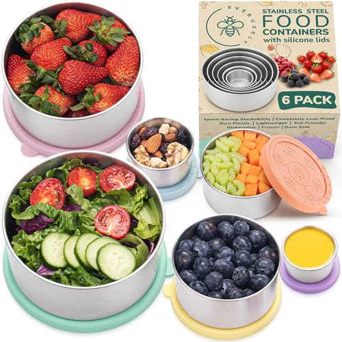 Everusely - Stainless Steel Containers with Lids - Set of 6, Bright Collection - Leakproof Stainless Steel Food Containers - Nesting Snack Holders - Metal Lunch Box - Portable & Reusable Meal Kit - Image 1