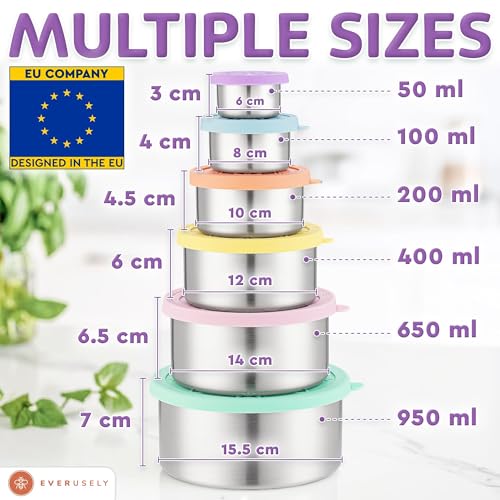 Everusely - Stainless Steel Containers with Lids - Set of 6, Bright Collection - Leakproof Stainless Steel Food Containers - Nesting Snack Holders - Metal Lunch Box - Portable & Reusable Meal Kit - Image 3