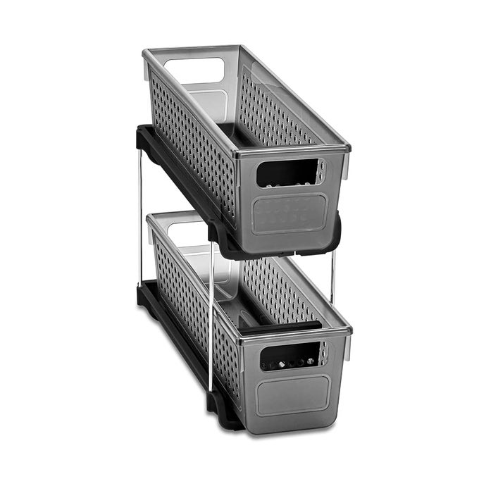 PREMIUM ANTIMICROBIAL 2TIER MINI ORGANIZER MULTIPURPOSE SLIDEOUT STORAGE WITH HANDLES AND DIVIDERS FOR HOME AND BATH PACK OF 1 CARBON