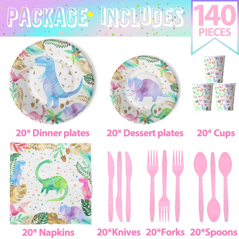 HaPiBiDesign Girl Dinosaur Birthday Decorations  Serves 20  Pink Dinosaur Birthday Plates and Napkins Set with Cups and Cutlery  Pastel Floral Girl Dinosaur Party Supplies for ThreeRex 1st 2nd 3rd Birthday - Image 3