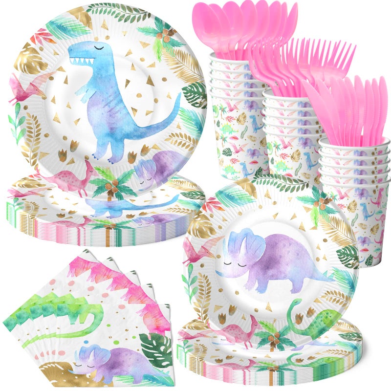 HaPiBiDesign Girl Dinosaur Birthday Decorations  Serves 20  Pink Dinosaur Birthday Plates and Napkins Set with Cups and Cutlery  Pastel Floral Girl Dinosaur Party Supplies for ThreeRex 1st 2nd 3rd Birthday - Image 2